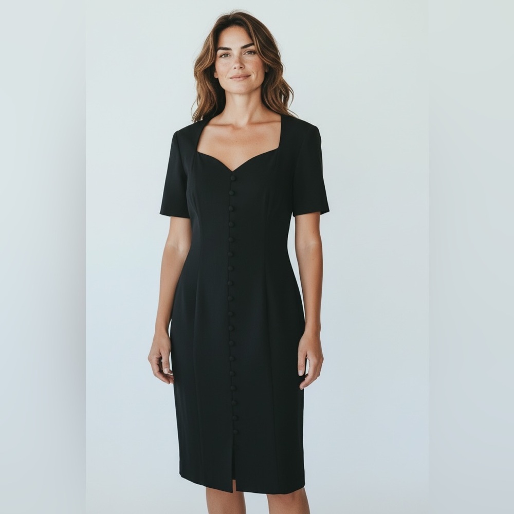 Vintage Womens Black Sweetheart Neckline Button front Dress Medium